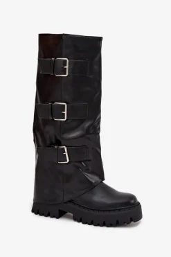 Ocieplane Kozaki Damskie Ze Srebrnymi Klamrami Czarne Isavine