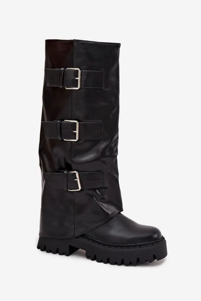 Ocieplane Kozaki Damskie Ze Srebrnymi Klamrami Czarne Isavine