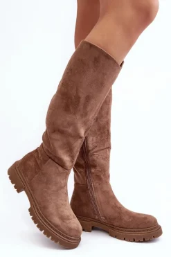 Ocieplane Kozaki Damskie Przed Kolano Brązowe Heliofa