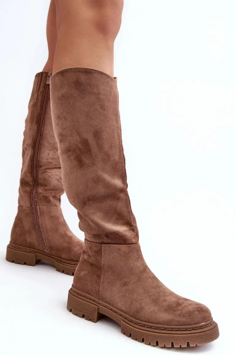 Ocieplane Kozaki Damskie Przed Kolano Brązowe Heliofa