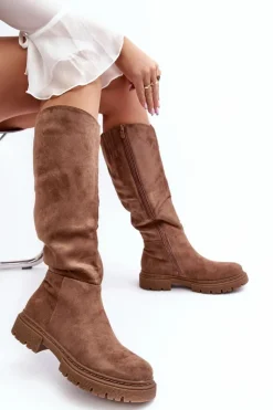 Ocieplane Kozaki Damskie Przed Kolano Brązowe Heliofa