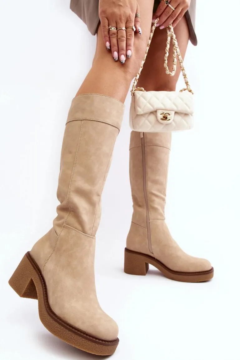 Ocieplane Kozaki Damskie Na Masywnym Obcasie Beżowe Calvisa