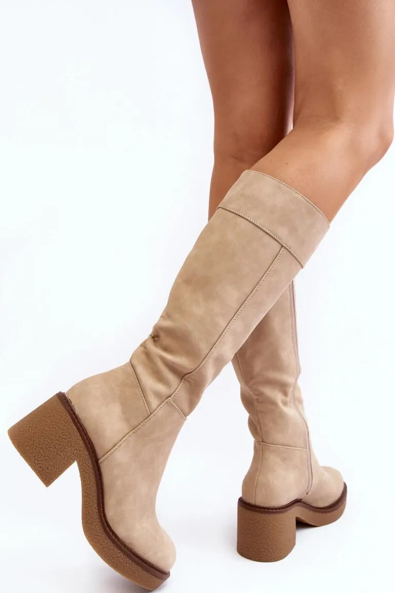 Ocieplane Kozaki Damskie Na Masywnym Obcasie Beżowe Calvisa