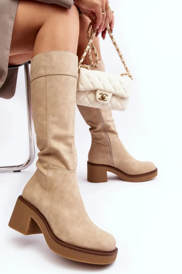 Ocieplane Kozaki Damskie Na Masywnym Obcasie Beżowe Calvisa