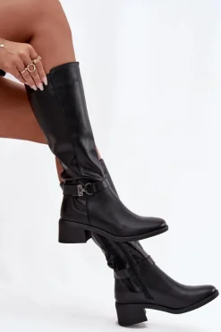 Ocieplane Kozaki Damskie Na Klocku Z Paskiem Sergio Leone KZ25826 Czarne