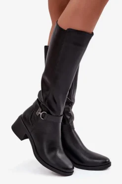 Ocieplane Kozaki Damskie Na Klocku Z Paskiem Sergio Leone KZ25826 Czarne