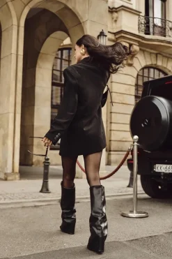 Ocieplane Kozaki Damskie Z Wywiniętą Cholewką Na Słupku Czarne Elivira