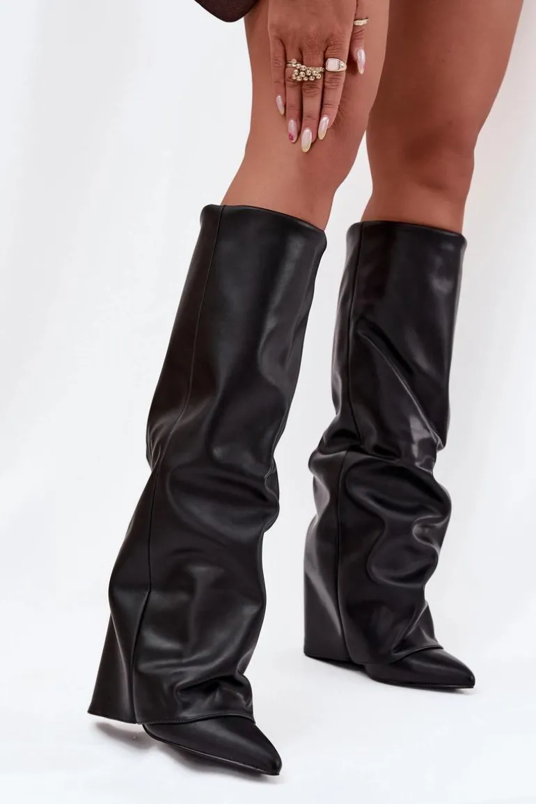 Ocieplane Kozaki Damskie Z Wywiniętą Cholewką Na Słupku Czarne Elivira