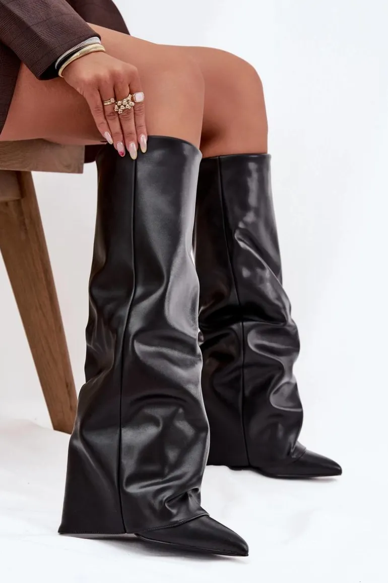 Ocieplane Kozaki Damskie Z Wywiniętą Cholewką Na Słupku Czarne Elivira