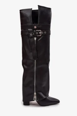 Ocieplane Kozaki Damskie Za Kolano Na Słupku Z Paskiem Klamrą I Srebrnym Zamkiem Czarne Reisa