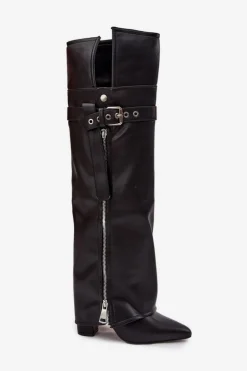 Ocieplane Kozaki Damskie Za Kolano Na Słupku Z Paskiem Klamrą I Srebrnym Zamkiem Czarne Reisa