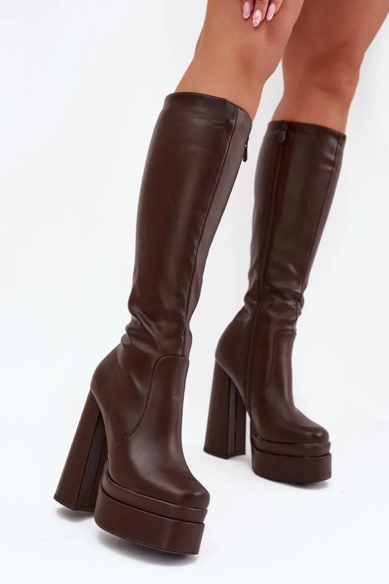 Ocieplane Kozaki Damskie Na Słupku I Platformie Czekoladowe Lysara