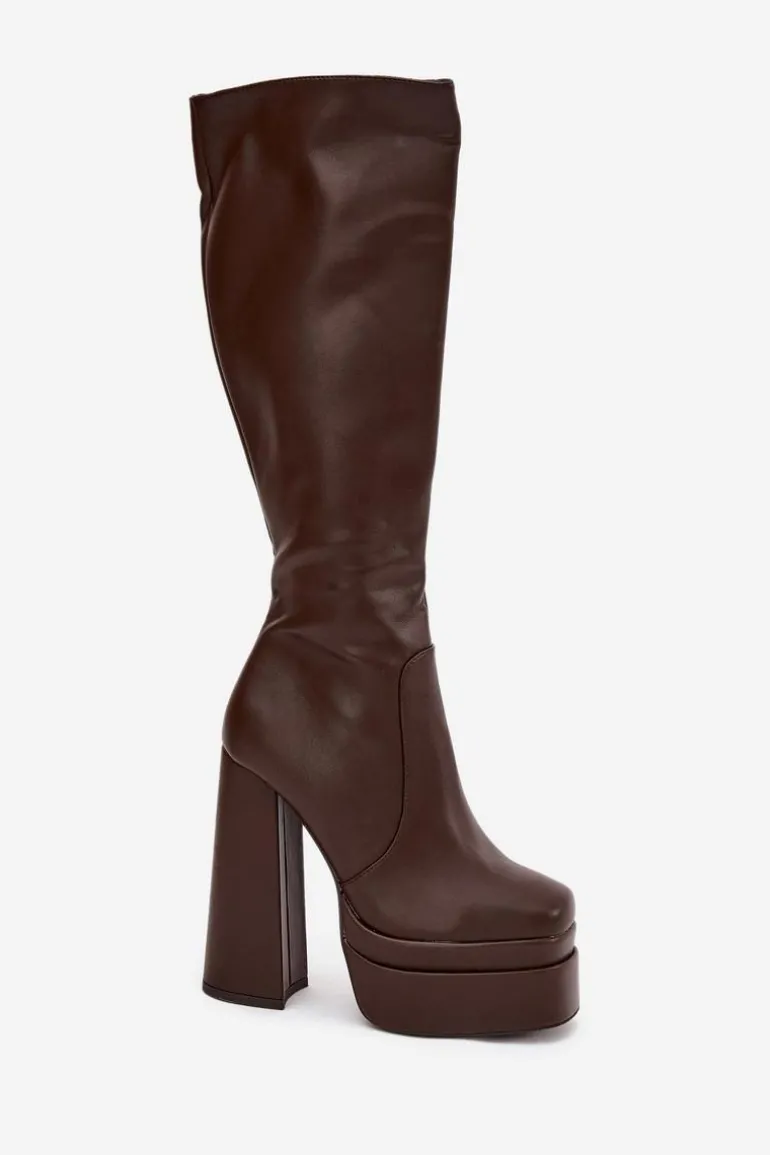 Ocieplane Kozaki Damskie Na Słupku I Platformie Czekoladowe Lysara