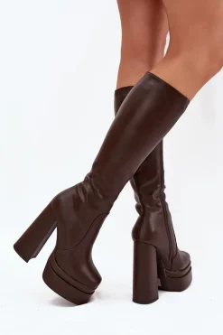 Ocieplane Kozaki Damskie Na Słupku I Platformie Czekoladowe Lysara