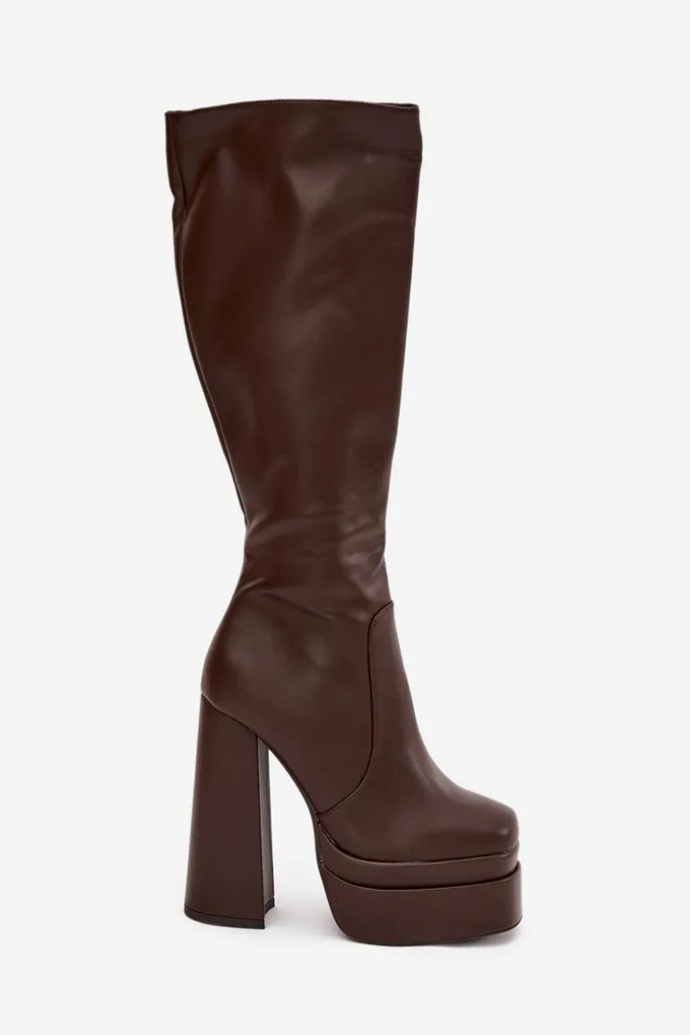 Ocieplane Kozaki Damskie Na Słupku I Platformie Czekoladowe Lysara