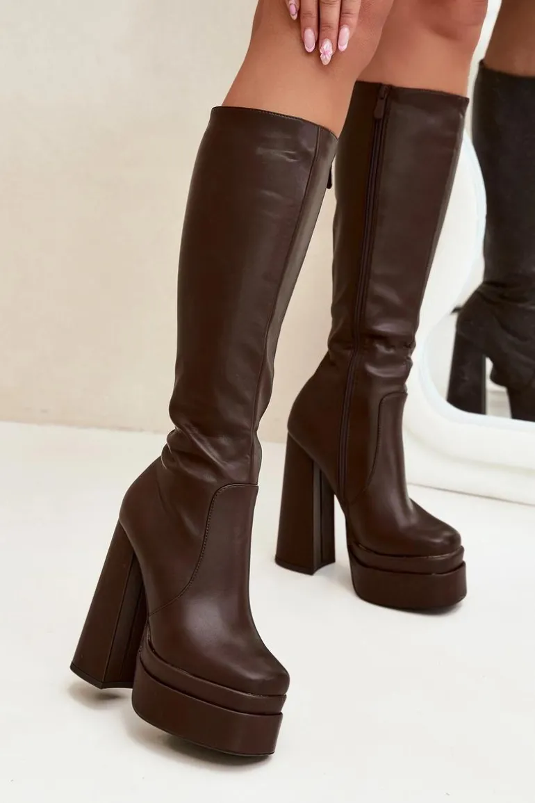 Ocieplane Kozaki Damskie Na Słupku I Platformie Czekoladowe Lysara