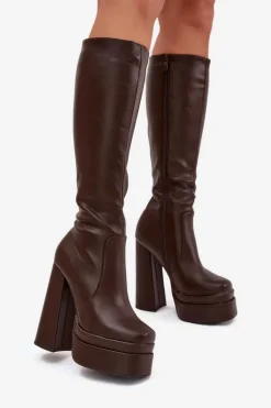 Ocieplane Kozaki Damskie Na Słupku I Platformie Czekoladowe Lysara