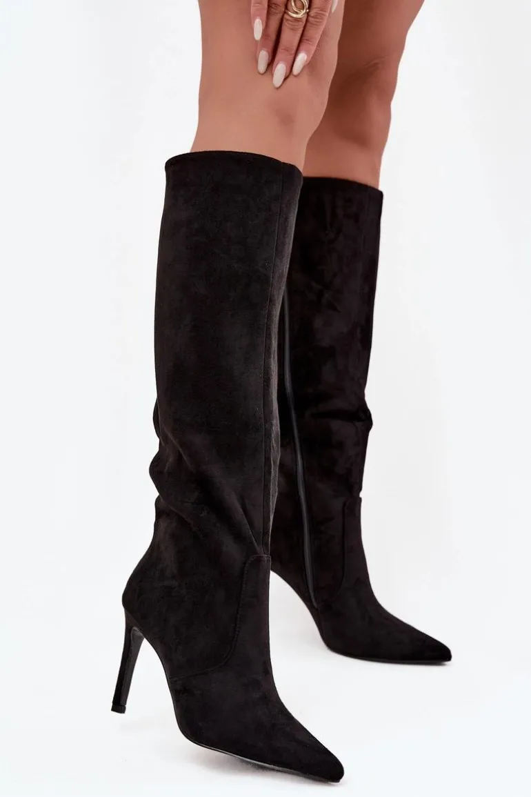 Ocieplane Kozaki Damskie Na Szpilce Z Eko Zamszu Czarne Rosavine