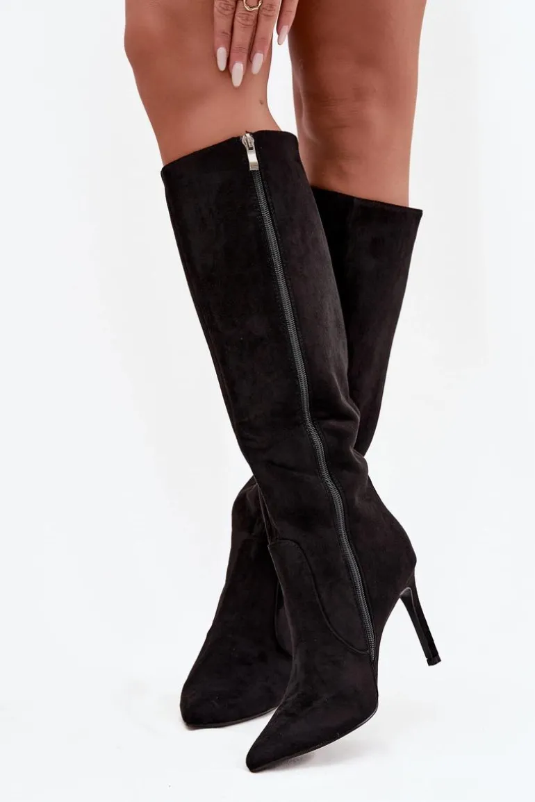 Ocieplane Kozaki Damskie Na Szpilce Z Eko Zamszu Czarne Rosavine