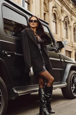 Ocieplane Kozaki Damskie Na Słupku Z Marszczeniem Czarne Dariane