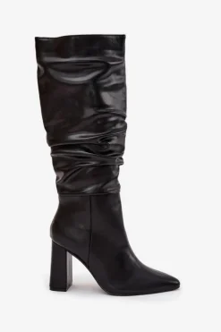 Ocieplane Kozaki Damskie Na Słupku Z Marszczeniem Czarne Dariane