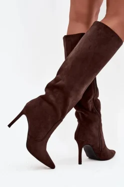 Ocieplane Kozaki Damskie Na Szpilce Z Eko Zamszu Czekoladowe Rosavine
