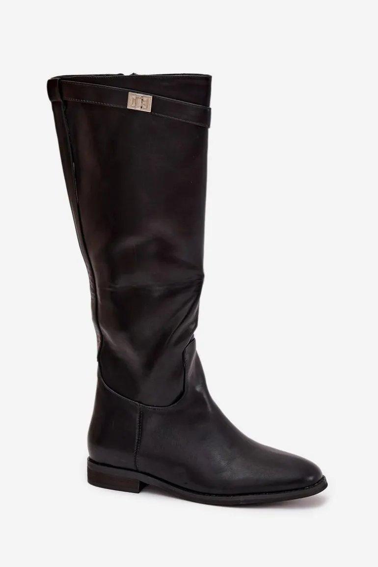 Ocieplane Kozaki Damskie Na Płaskim Obcasie Z Paskiem I Srebrnym Detalem Czarne Geraline