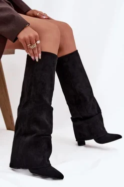 Ocieplane Kozaki Damskie Z Wywiniętą Cholewką Na Słupku Eko Zamszowe Czarne Elivira