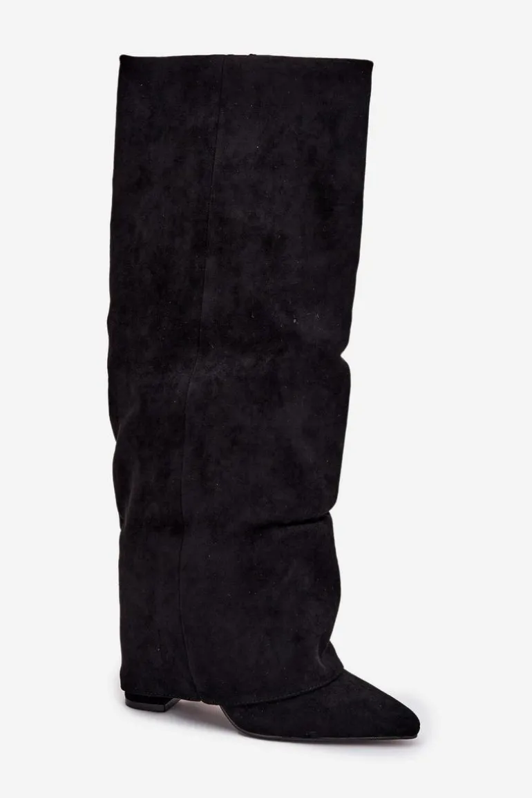 Ocieplane Kozaki Damskie Z Wywiniętą Cholewką Na Słupku Eko Zamszowe Czarne Elivira