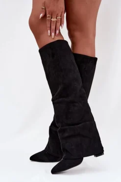 Ocieplane Kozaki Damskie Z Wywiniętą Cholewką Na Słupku Eko Zamszowe Czarne Elivira