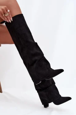 Ocieplane Kozaki Damskie Z Wywiniętą Cholewką Na Słupku Eko Zamszowe Czarne Elivira