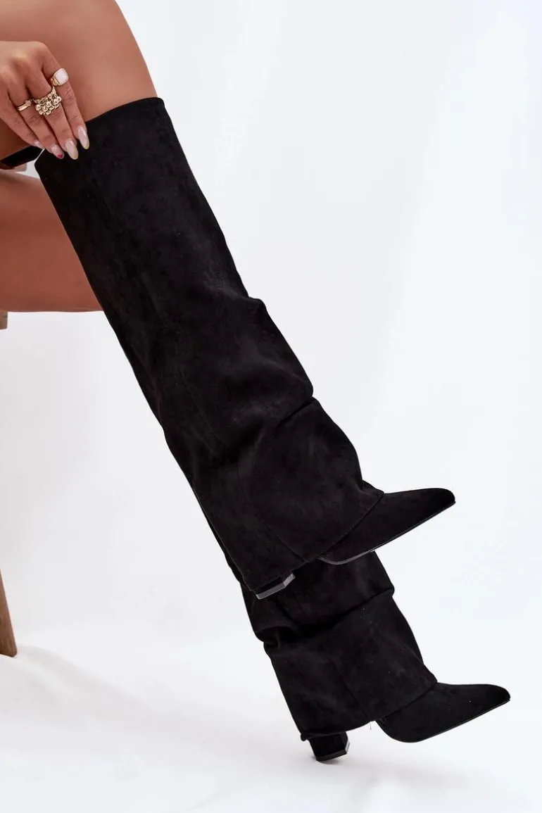 Ocieplane Kozaki Damskie Z Wywiniętą Cholewką Na Słupku Eko Zamszowe Czarne Elivira