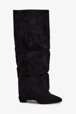 Ocieplane Kozaki Damskie Z Wywiniętą Cholewką Na Słupku Eko Zamszowe Czarne Elivira