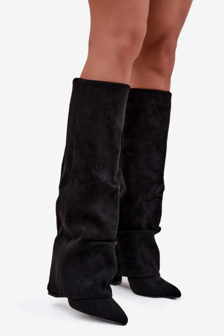 Ocieplane Kozaki Damskie Z Wywiniętą Cholewką Na Słupku Eko Zamszowe Czarne Elivira