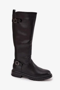 Ocieplane Kozaki Damskie Na Płaskim Obcasie Z Klamrami Czarne Sarelle