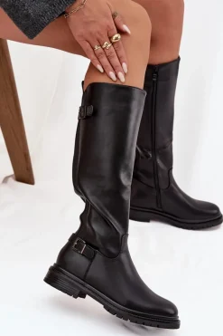 Ocieplane Kozaki Damskie Na Płaskim Obcasie Z Klamrami Czarne Sarelle