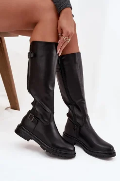 Ocieplane Kozaki Damskie Na Płaskim Obcasie Z Klamrami Czarne Sarelle