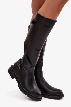 Ocieplane Kozaki Damskie Na Płaskim Obcasie Z Klamrami Czarne Sarelle