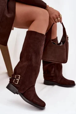 Ocieplane Kozaki Damskie Z Klamrami Czekoladowe Umbria