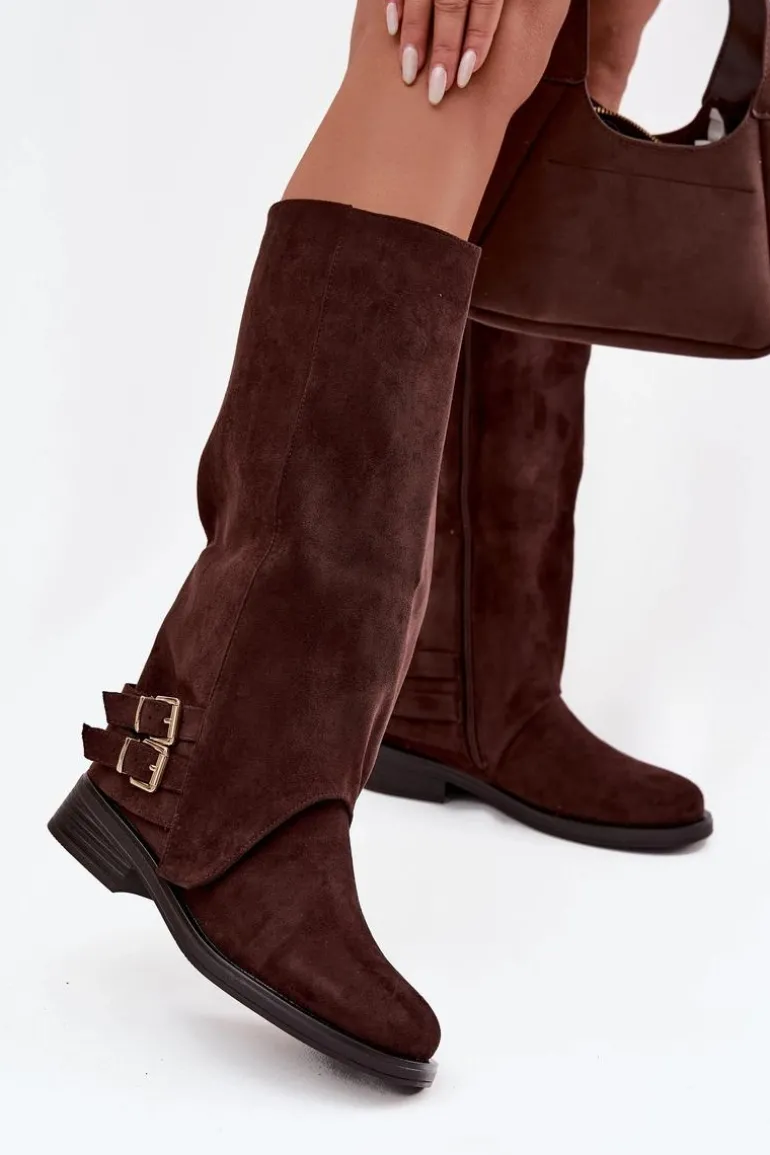 Ocieplane Kozaki Damskie Z Klamrami Czekoladowe Umbria