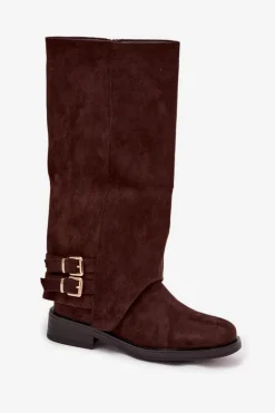 Ocieplane Kozaki Damskie Z Klamrami Czekoladowe Umbria