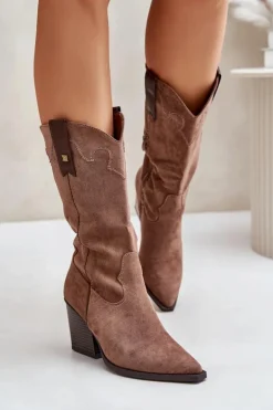 Ocieplane Kozaki Kowbojki Na Słupku Eko Zamszowe Brązowe Hanivin