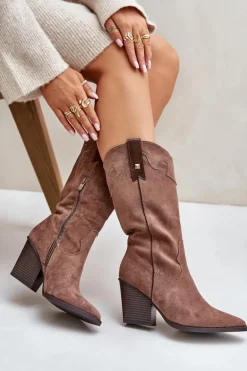 Ocieplane Kozaki Kowbojki Na Słupku Eko Zamszowe Brązowe Hanivin