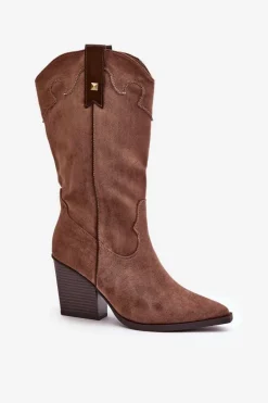 Ocieplane Kozaki Kowbojki Na Słupku Eko Zamszowe Brązowe Hanivin