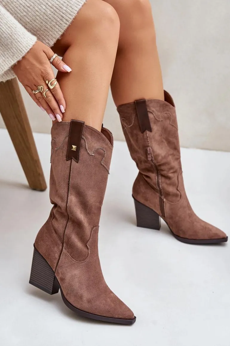 Ocieplane Kozaki Kowbojki Na Słupku Eko Zamszowe Brązowe Hanivin