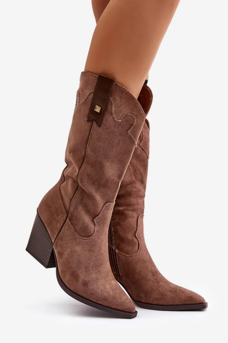 Ocieplane Kozaki Kowbojki Na Słupku Eko Zamszowe Brązowe Hanivin