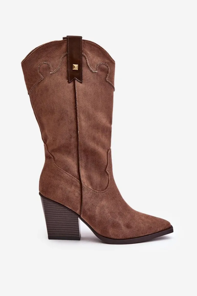 Ocieplane Kozaki Kowbojki Na Słupku Eko Zamszowe Brązowe Hanivin