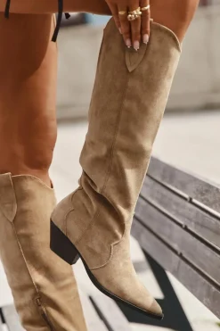 Ocieplane Kozaki Kowbojki Na Obcasie Z Eko Zamszu Beżowe Jovianne