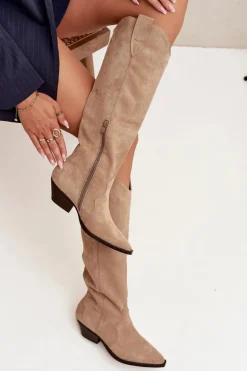 Ocieplane Kozaki Kowbojki Na Obcasie Z Eko Zamszu Beżowe Jovianne