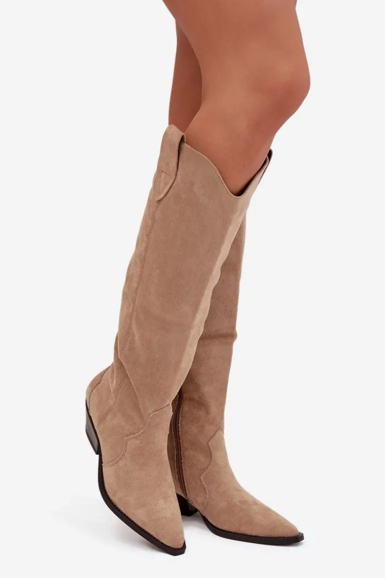 Ocieplane Kozaki Kowbojki Na Obcasie Z Eko Zamszu Beżowe Jovianne